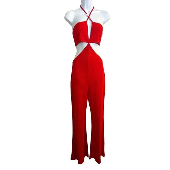 Balmain red knit cut out jumpsuit size 38  Flared Halter Runway 2015 US size 6 - Picture 3 of 16
